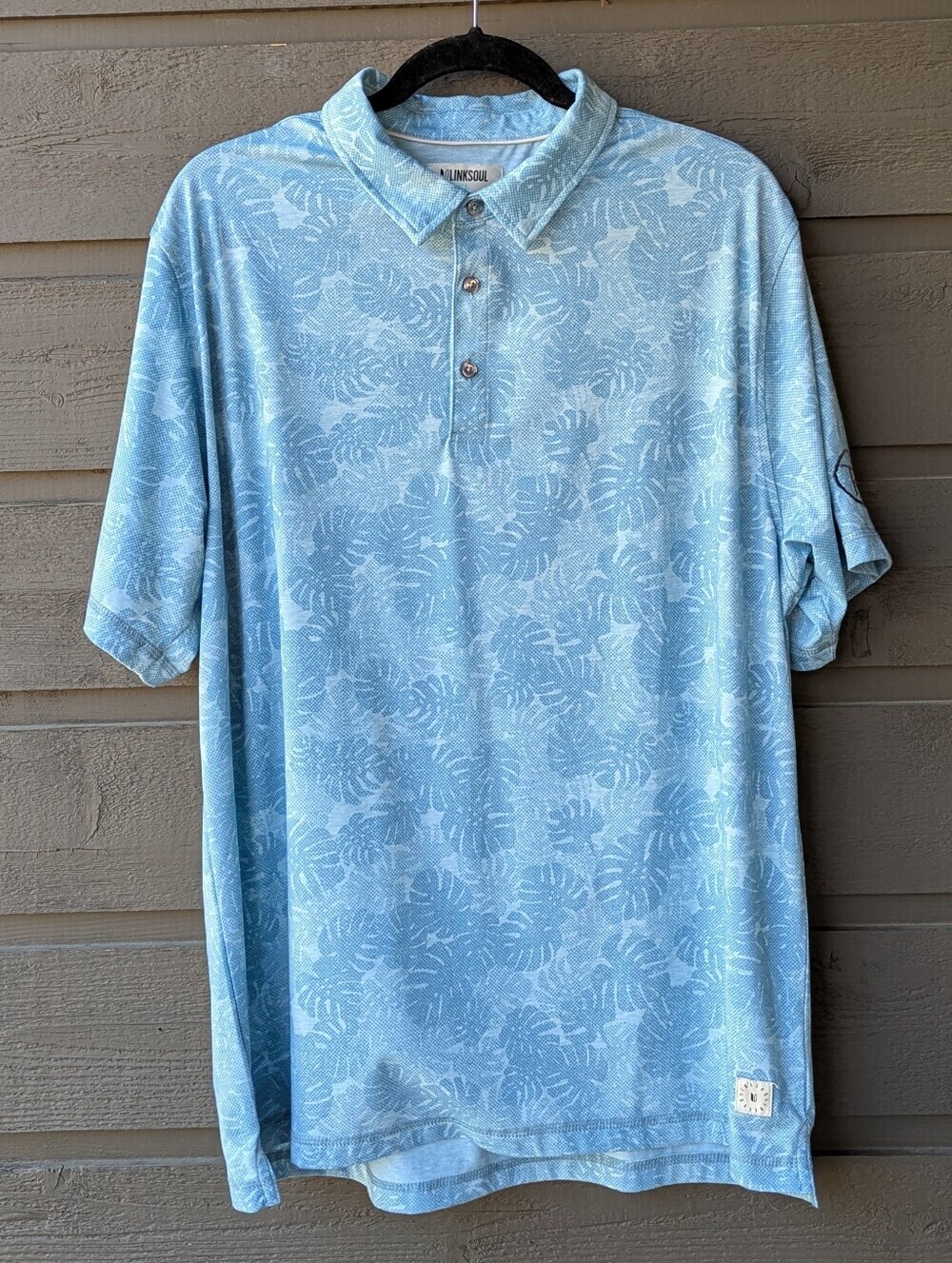 Linksoul Light Blue Tropical Monstera Leaves Print Polo Size XL Golf Course Logo